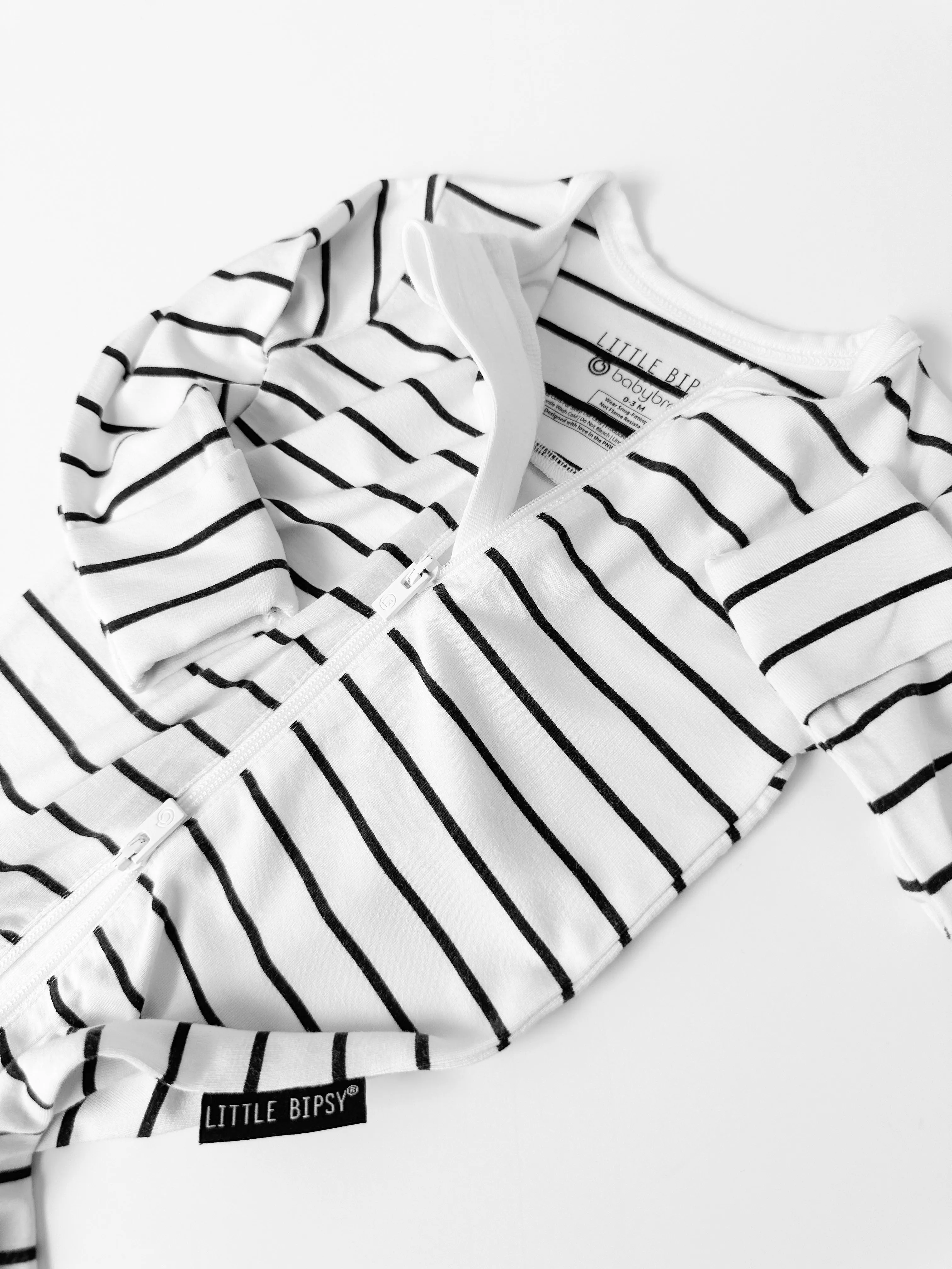 LB x Baby Breez Long Sleeve Pinstripe Romper Pajamas - White and Black