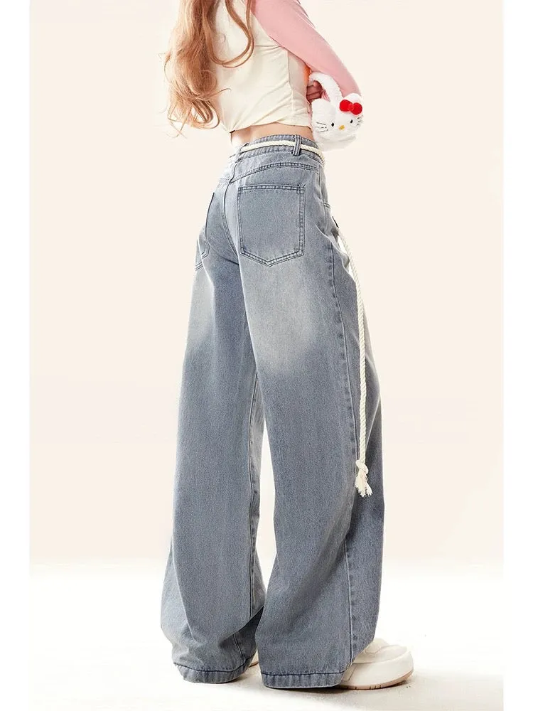 Light-colored strappy wide-leg jeans for women, spring and autumn style, American high-street loose, high-waisted, straight-leg 