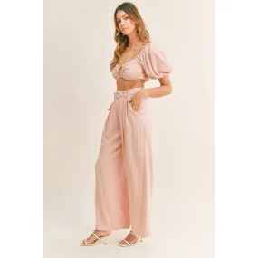 MABLE Cut Out Drawstring Crop Top and Belted Pants Set