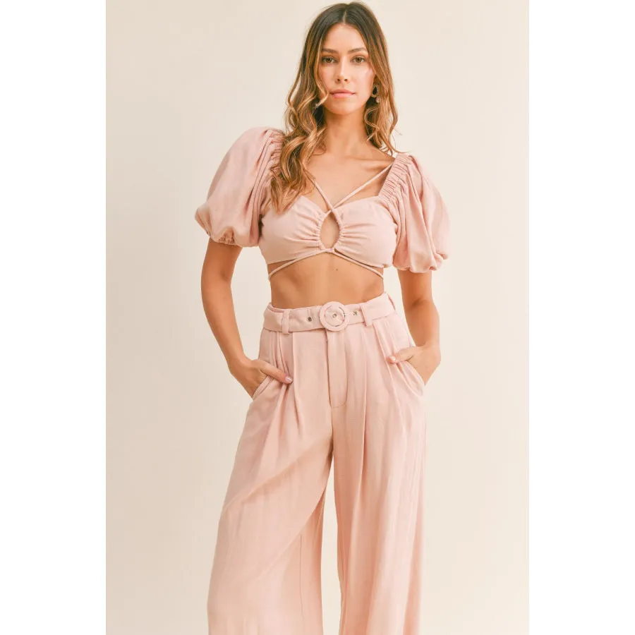 MABLE Cut Out Drawstring Crop Top and Belted Pants Set