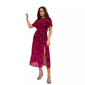 Magenta, Orange & Black Animal Print Chiffon Midi Dress