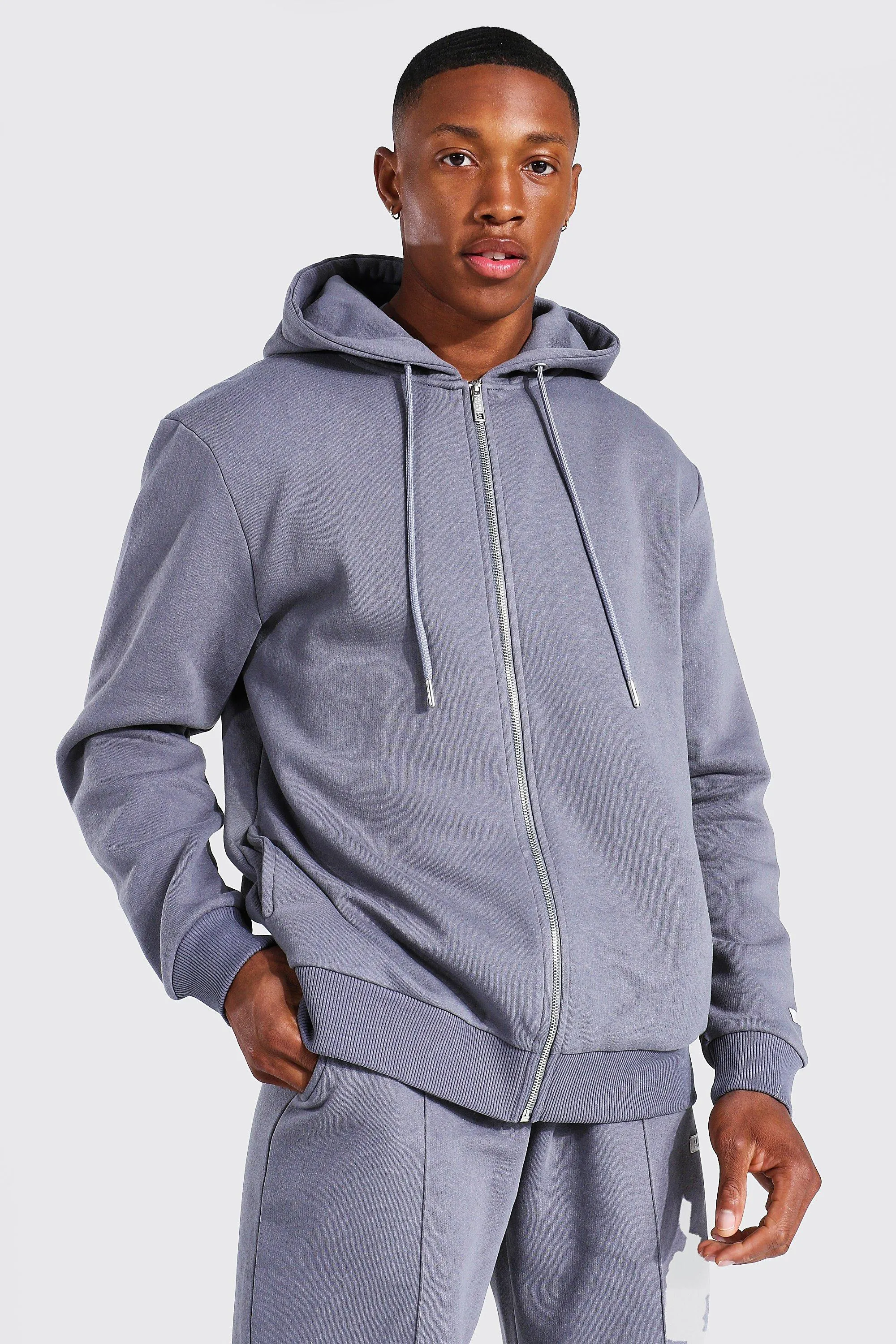 Man Woven Tab Zip Through Hoodie | boohooMAN UK