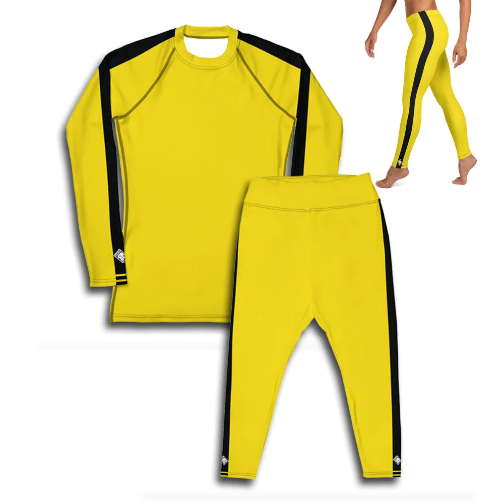 Martial Arts Elegance: Women's Bruce Lee Game of Death and Kill Bill Inspired Long Sleeve Rash Guard and Yoga Pants Set