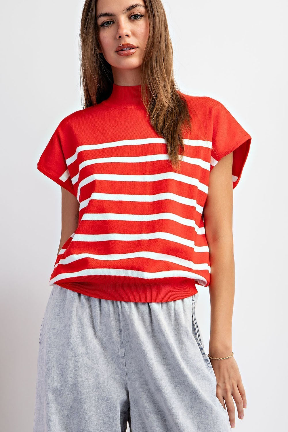 Mock Neck Short Sleeve Striped Top