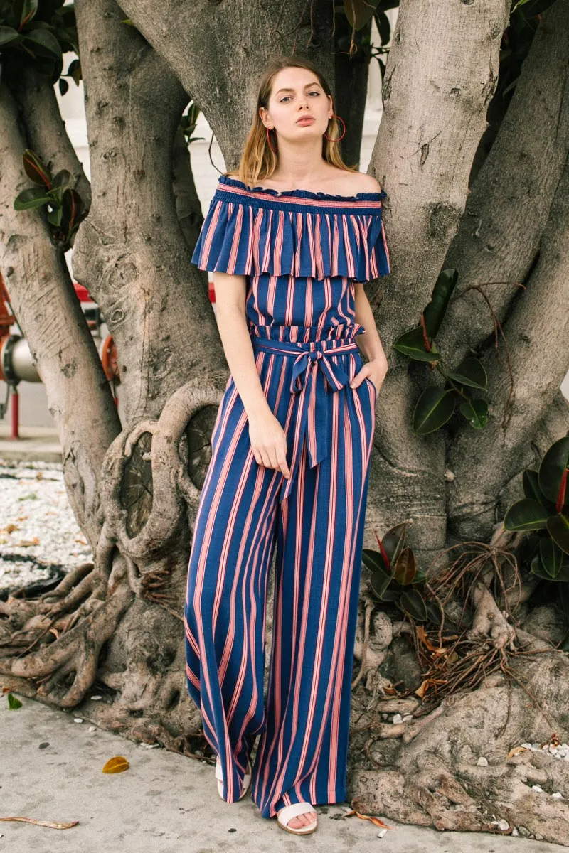 Multi-Color Off Shoulder Striped Top With Short Flutter Sleeves