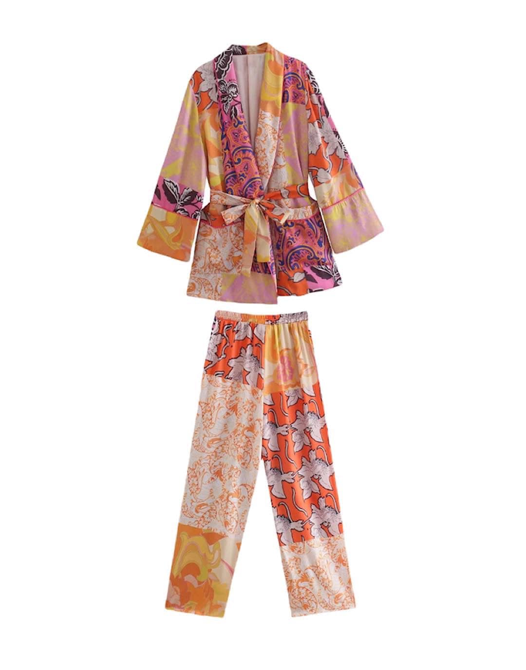 Multi Print Kimono Pants Set