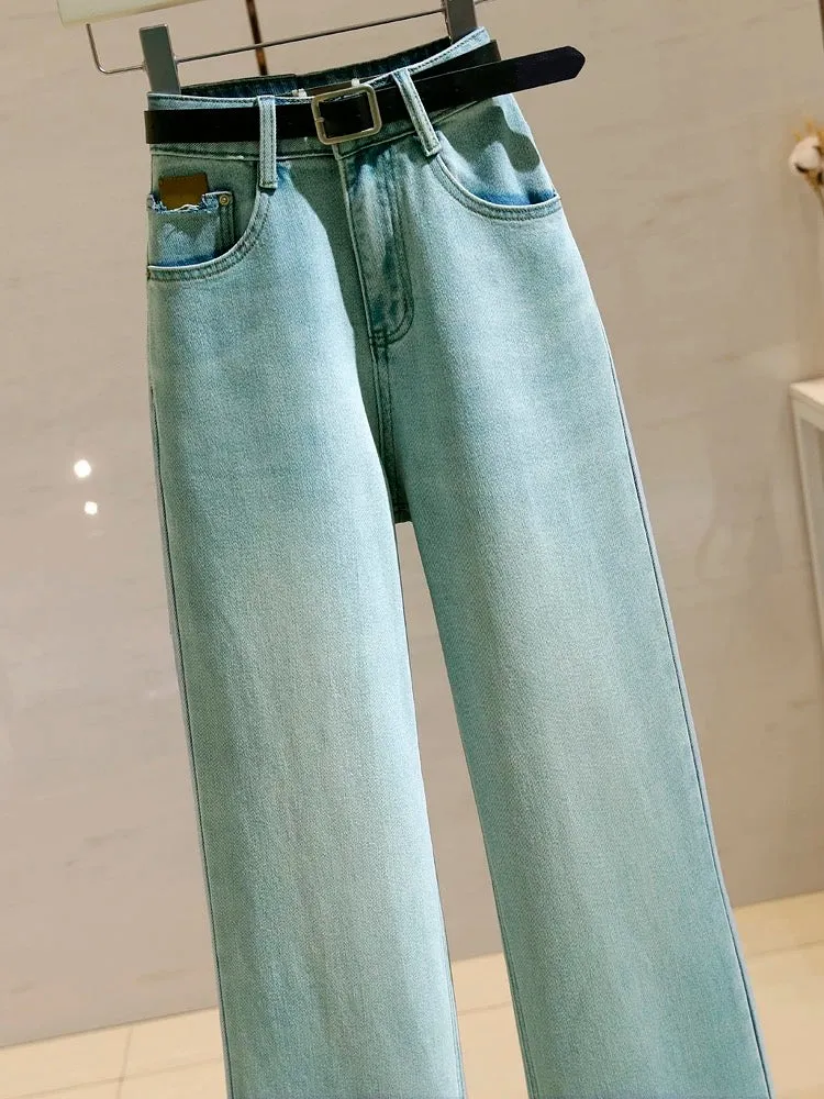 Narrow wide-leg jeans for women, high-waisted 2024 spring new style, stretchy slimming, versatile floor-length straight trousers