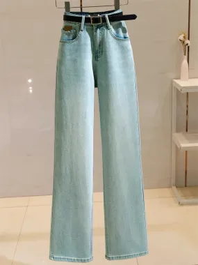 Narrow wide-leg jeans for women, high-waisted 2024 spring new style, stretchy slimming, versatile floor-length straight trousers