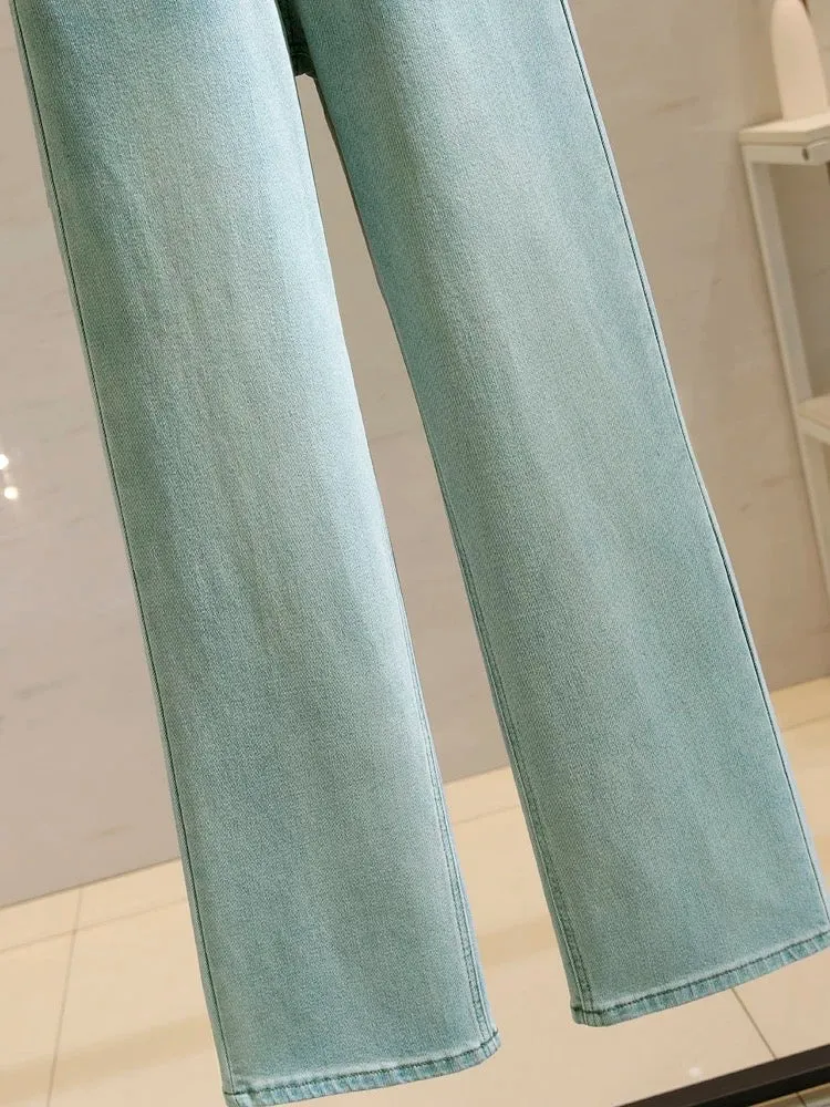 Narrow wide-leg jeans for women, high-waisted 2024 spring new style, stretchy slimming, versatile floor-length straight trousers