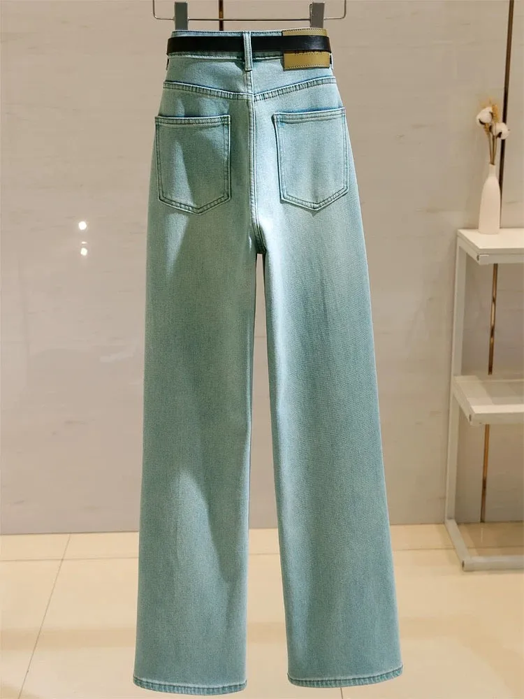 Narrow wide-leg jeans for women, high-waisted 2024 spring new style, stretchy slimming, versatile floor-length straight trousers