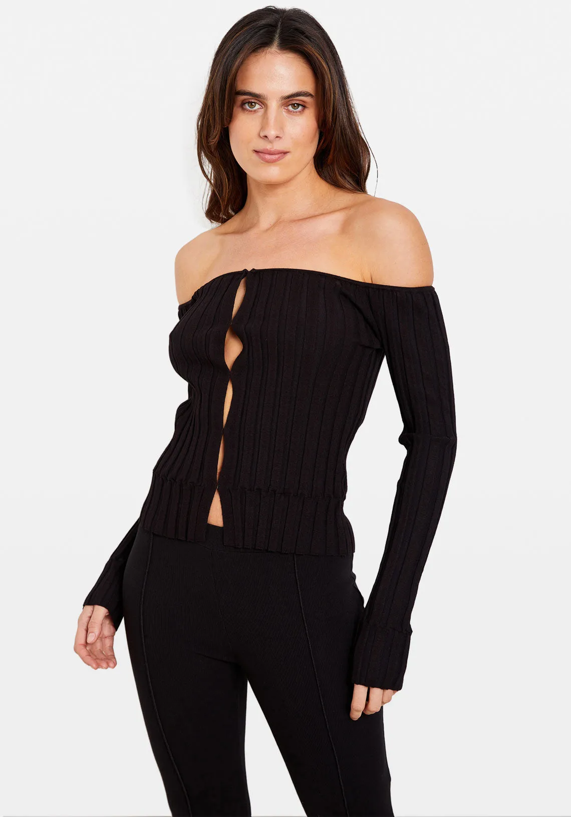 OFF SHOULDER RIBBED KNIT TOP BLACK