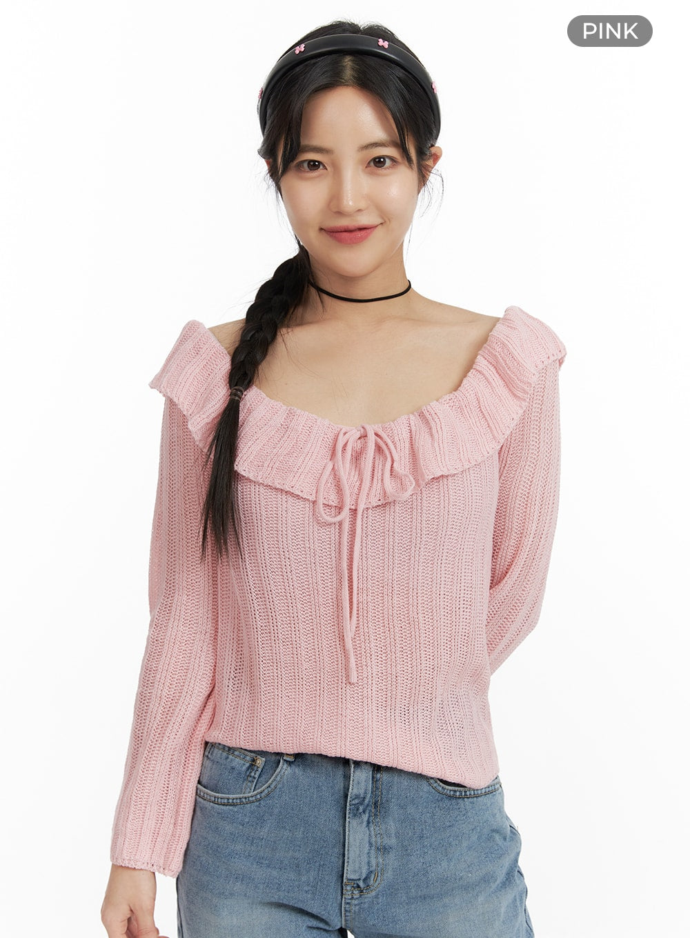 Off-Shoulder Ruffle Knit Top OF422