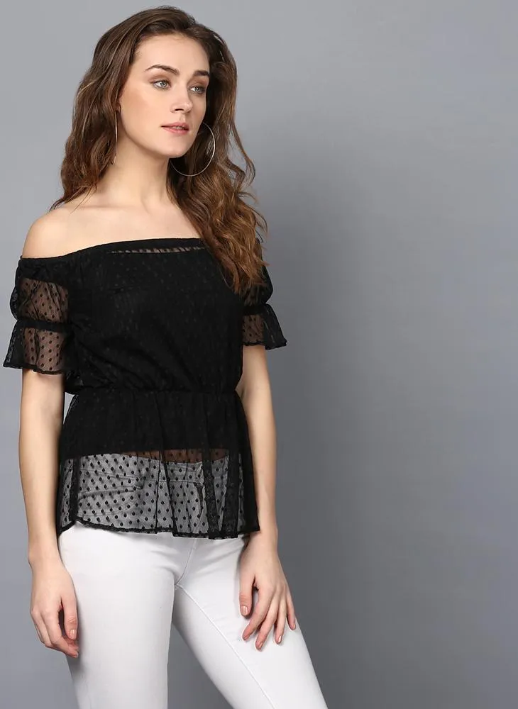 Off- Shoulder Dobby Net Frill Top