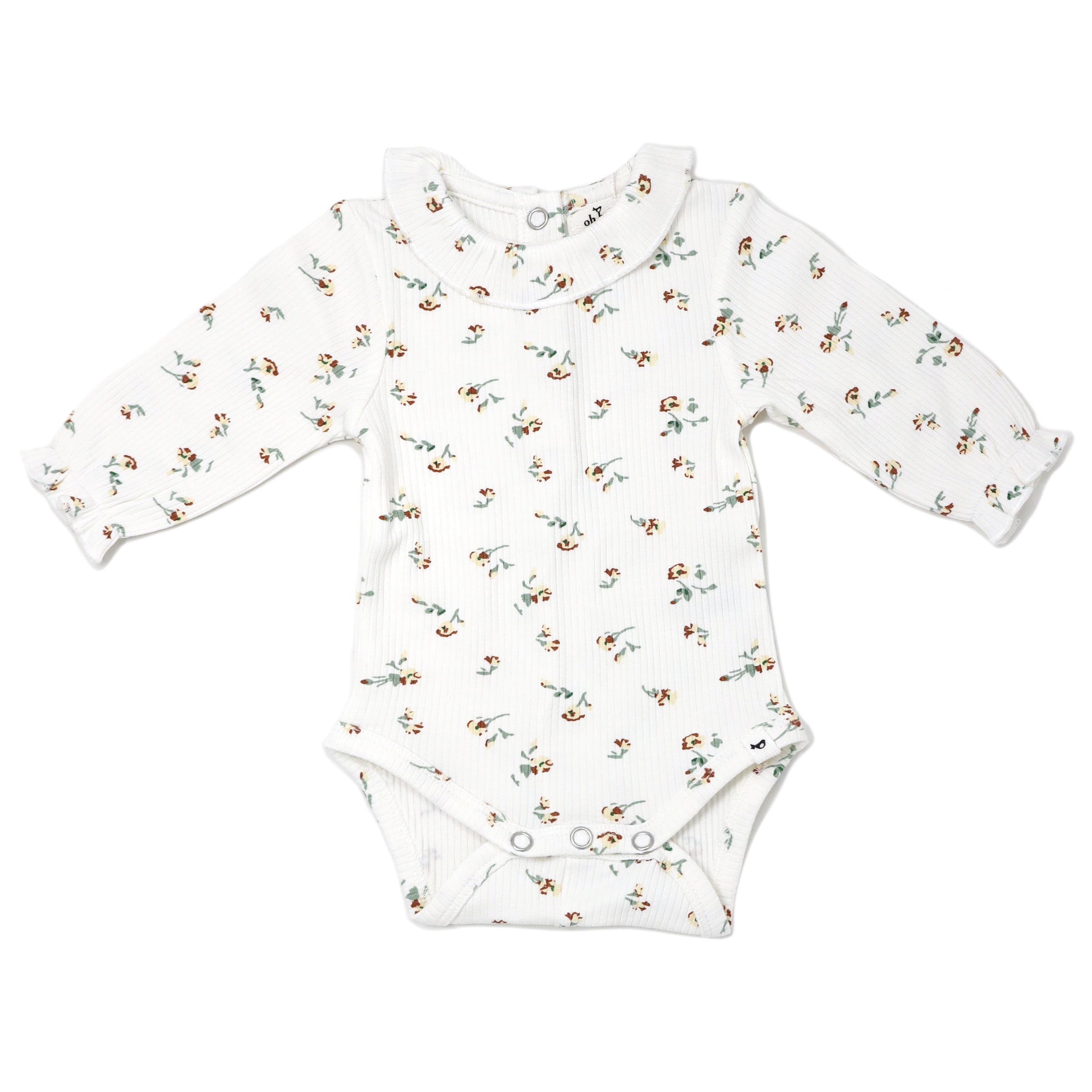 oh baby! Long Sleeve Onesie - Rib Knit Ruffle Collar  - Scattered Flowers - Cream