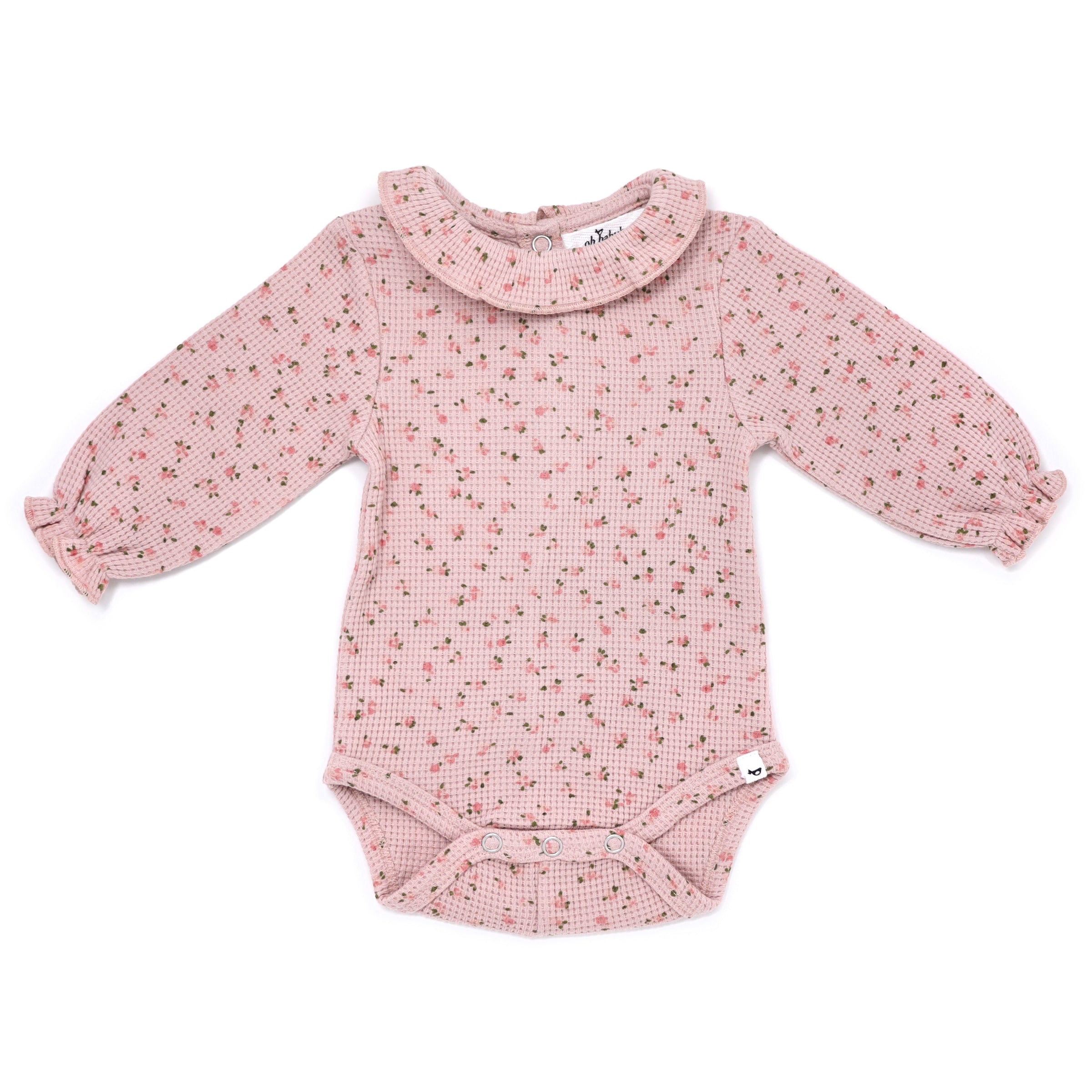 oh baby! Ruffle Collar Waffle Knit Onesie - Roses - Blush