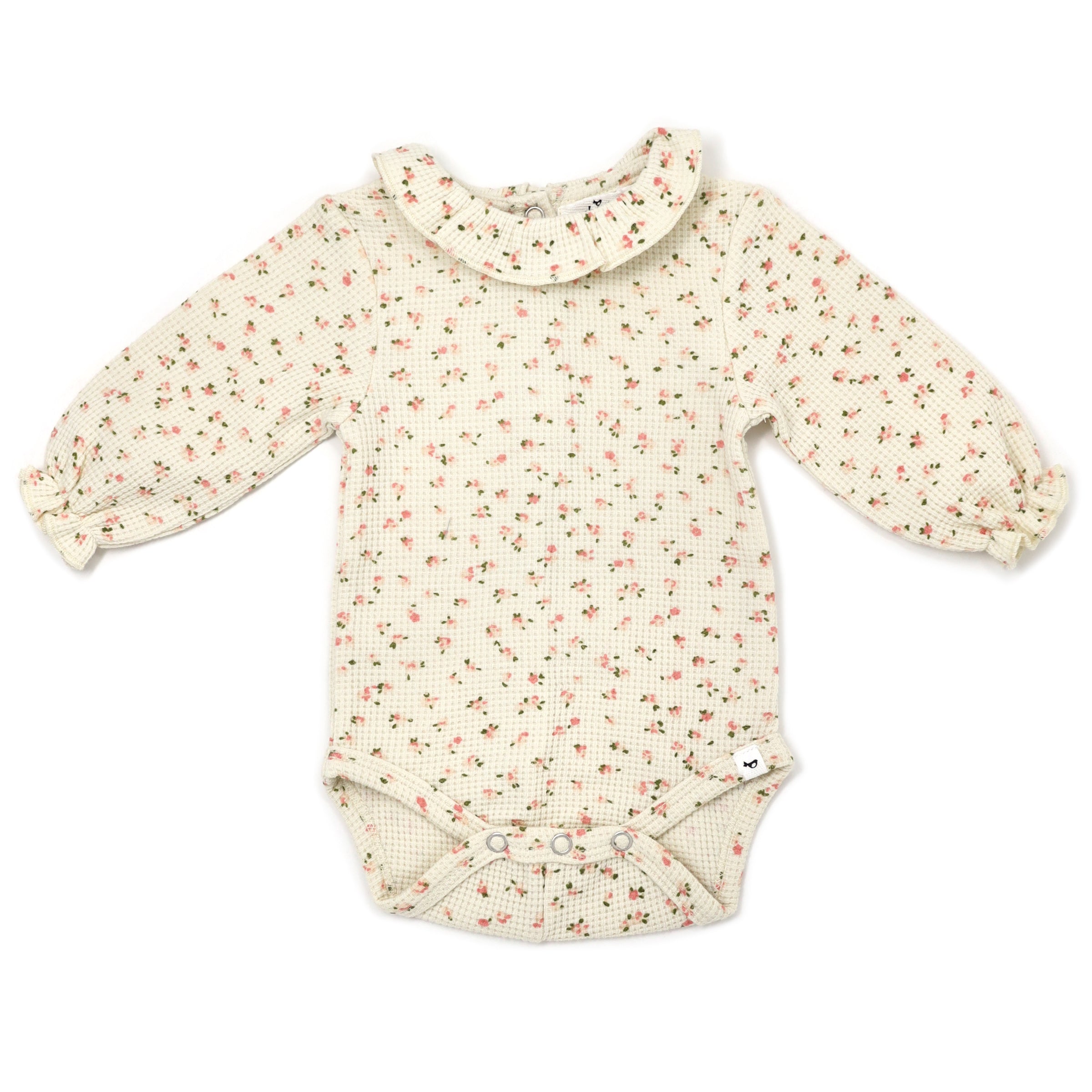 oh baby! Ruffle Collar Waffle Knit Onesie - Roses - Cream