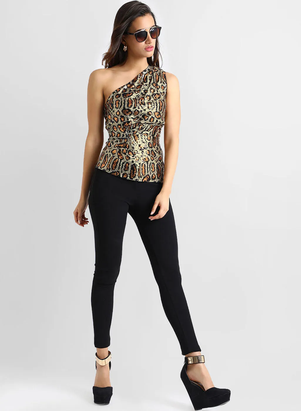 One Shoulder Leopard  Sequins Top