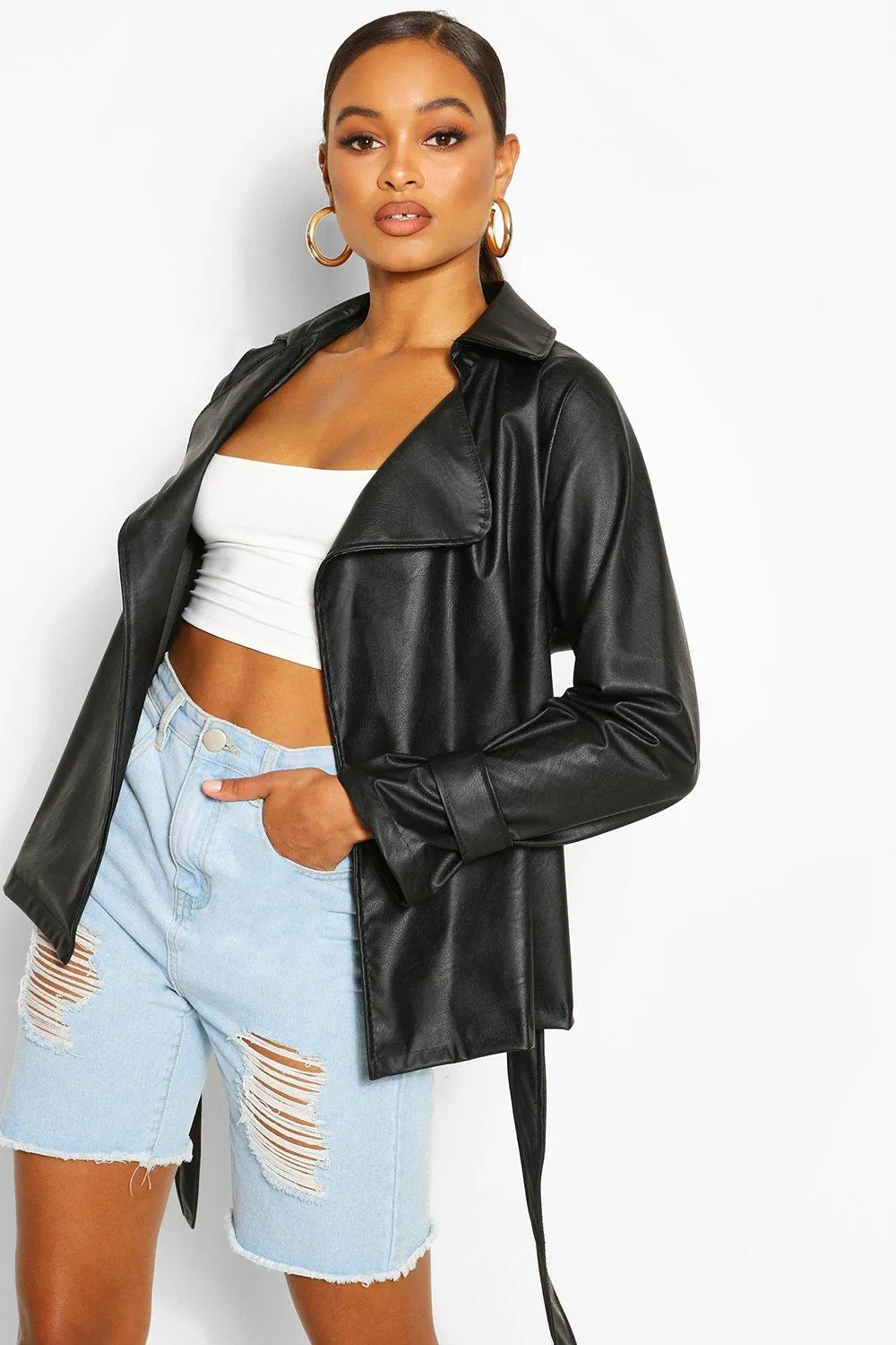 Oversized Faux Leather Wrap Belted Jacket