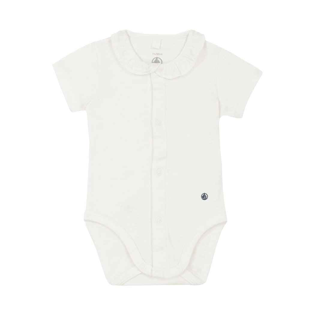 Petit Bateau Baby Girl Short Sleeve Bodysuit with Snaps and Ruffle Collar - White