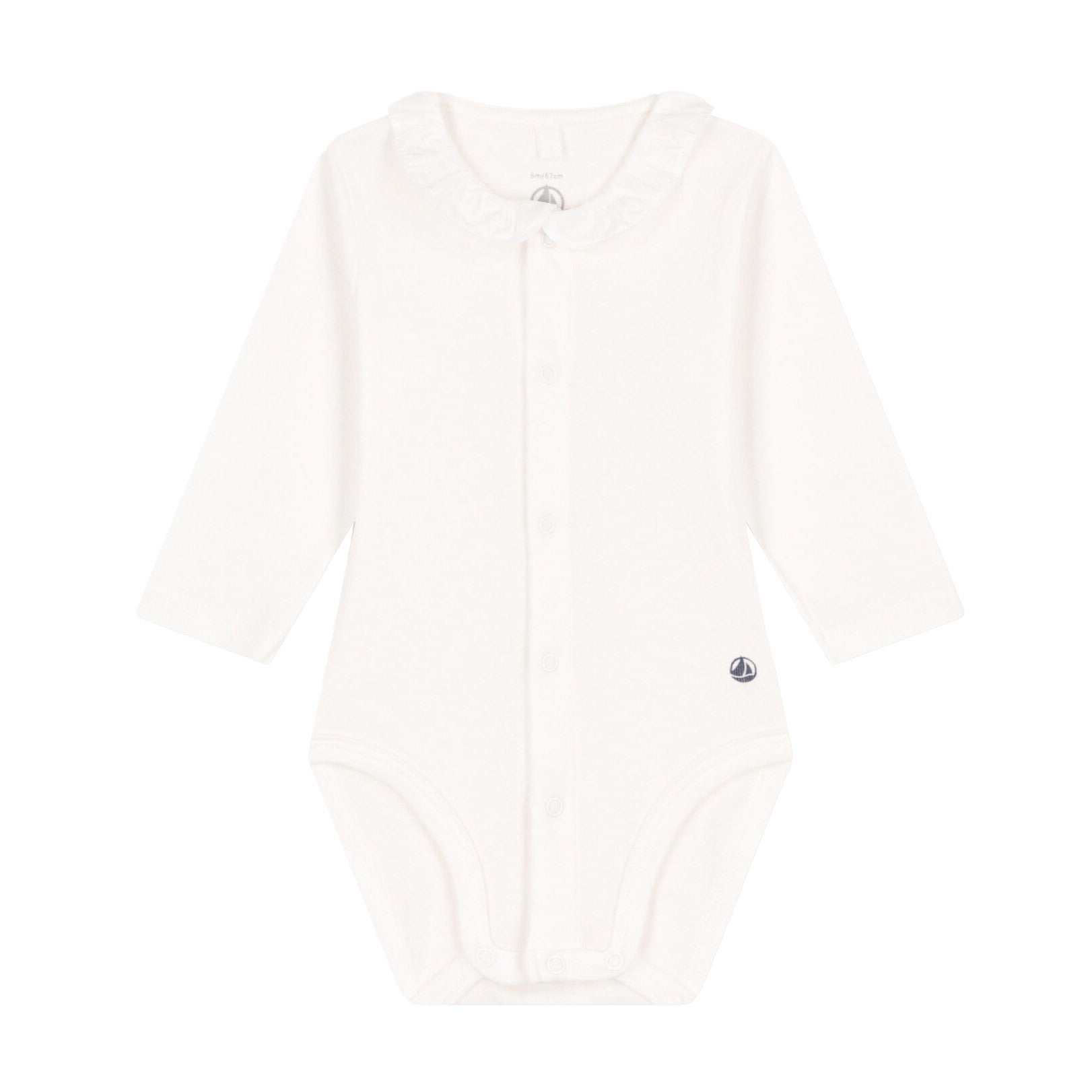 Petit Bateau Long Sleeve Bodysuit with Front Snaps and Ruffle Collar - White