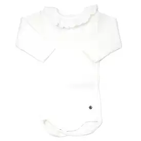 Petit Bateau Long Sleeve Bodysuit with Ruffle Collar - White