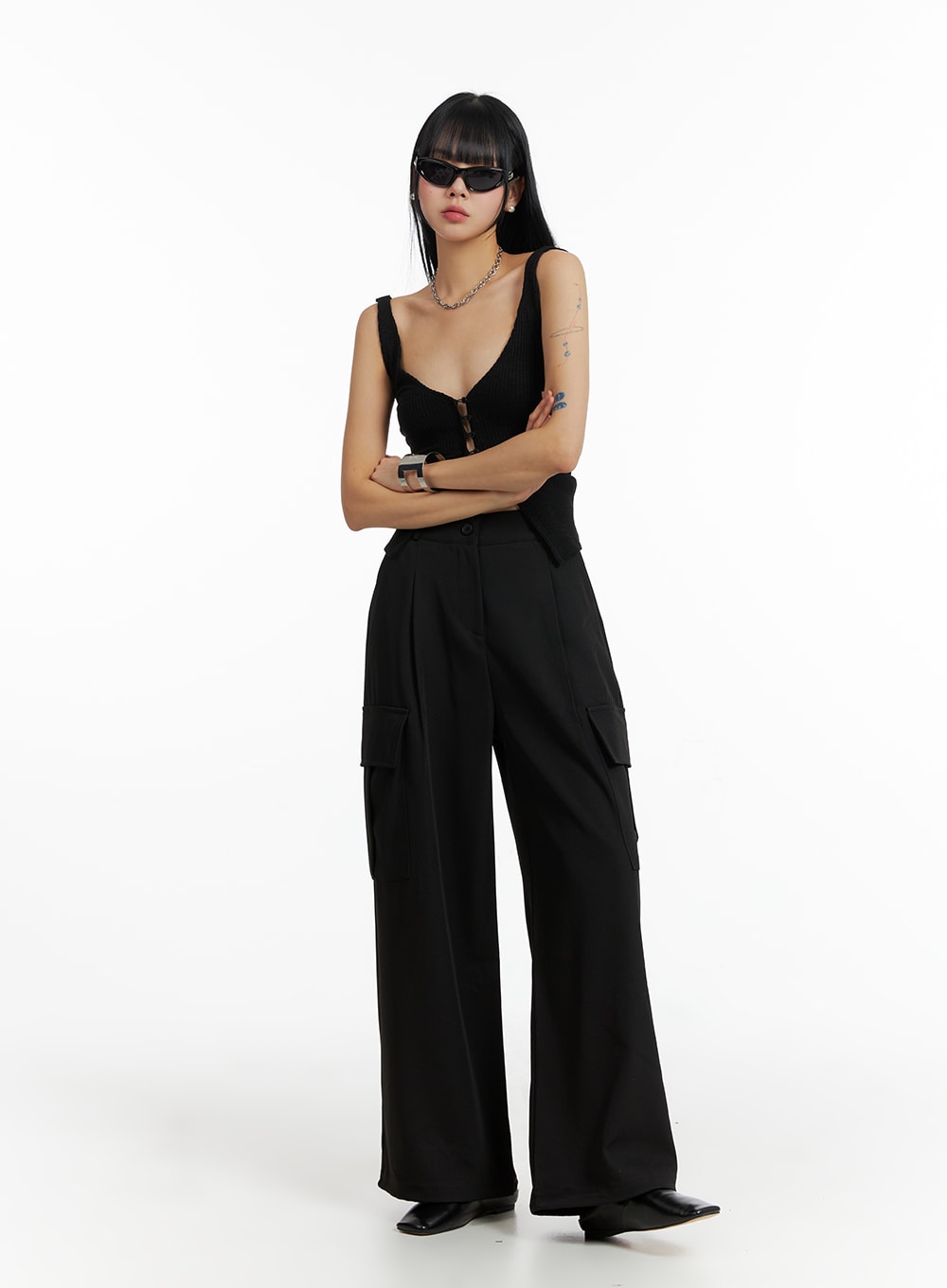 Pintuck Cargo Wide-Leg Pants IF402