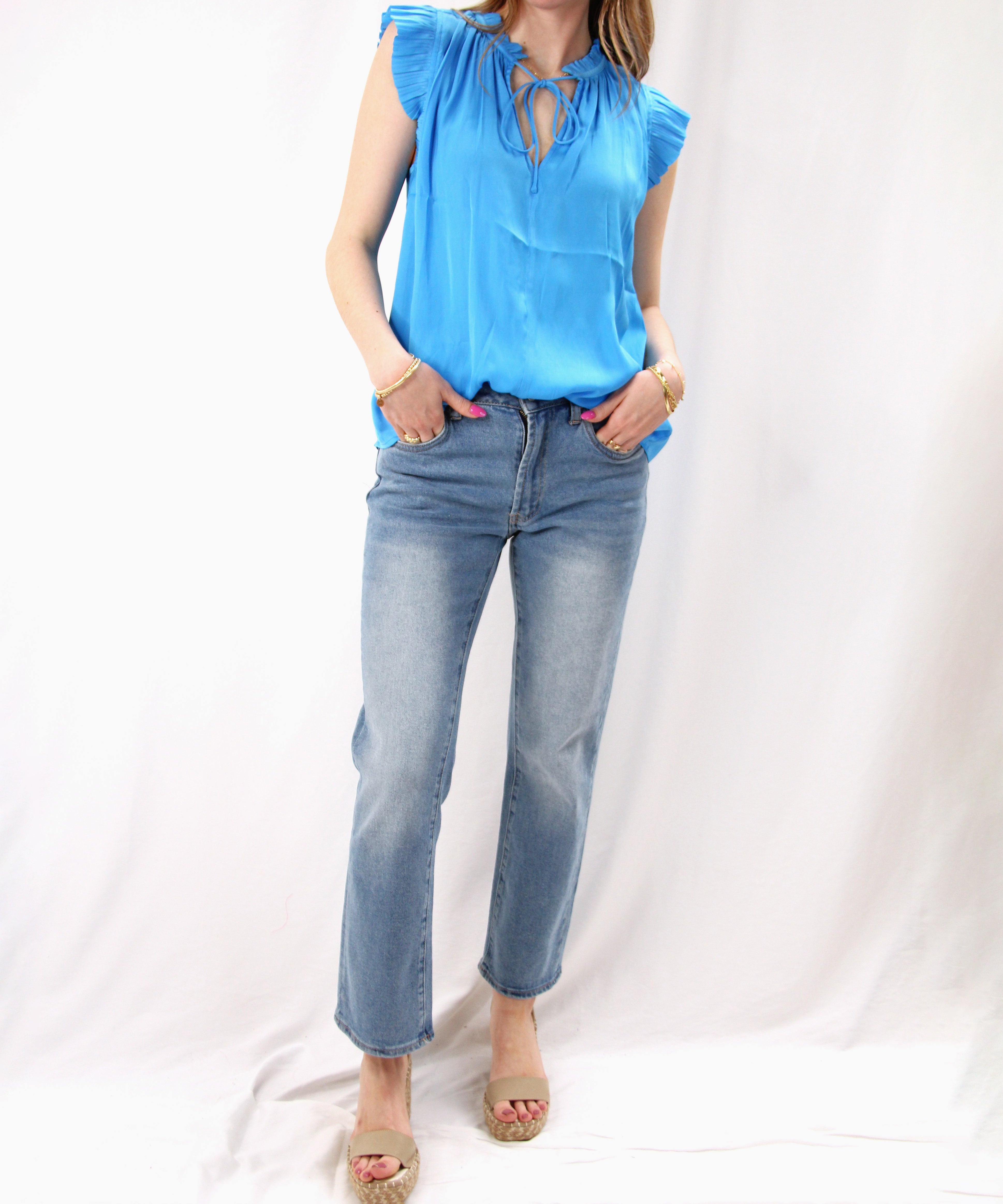 Pleated Short Sleeve Blouse - Tranquil Blue