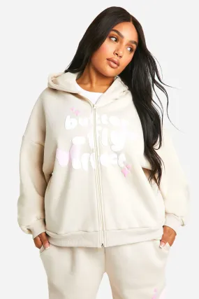 Plus Butterfly Effect Puff Print Zip Through Oversized Hoodie