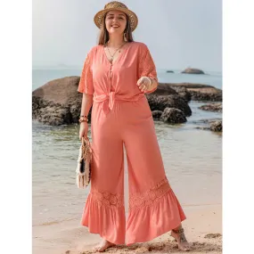 Plus Size Button Up Half Sleeve Top and Pants Set