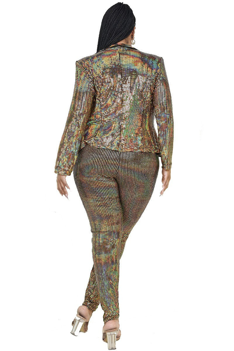 Plus Size Metallic Sequins 2 Piece Jacket And Pants Set