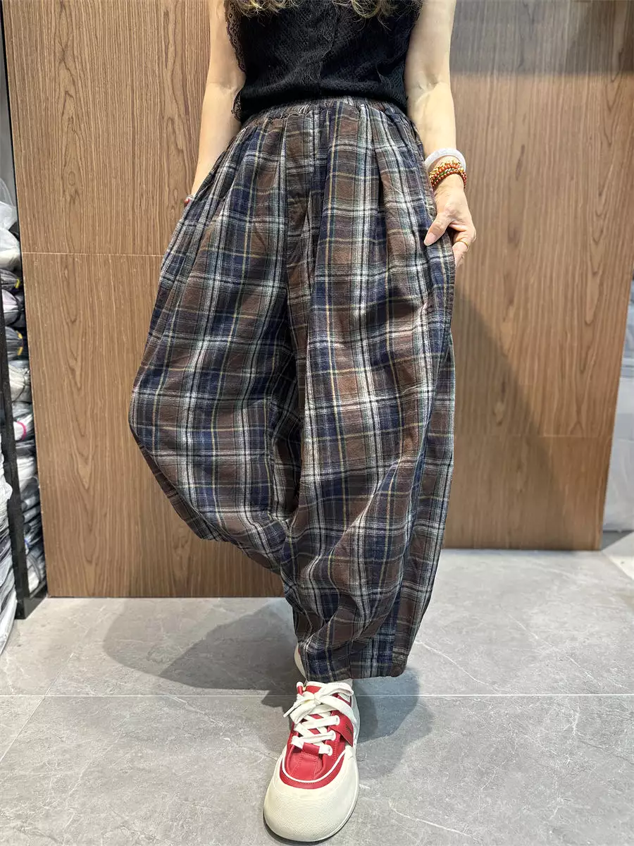 Plus Size Women Vintage Summer Plaid Cotton Linen Harem Pants SC1030