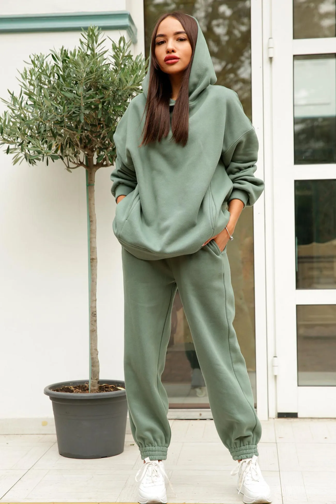 Pocketed Hoodie Elastic Waist Long Pants Set