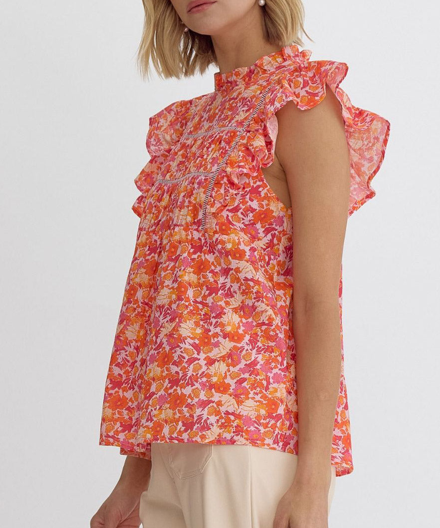 Printed Top with Ruffle Sleeves - Pink