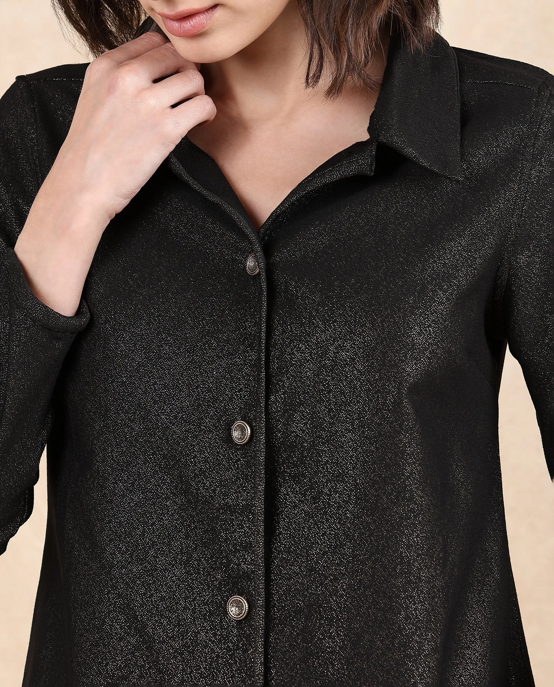 Rareism Women Ribok Black Full Sleeve Collared Neck Regular Fit Jacquard Jacket