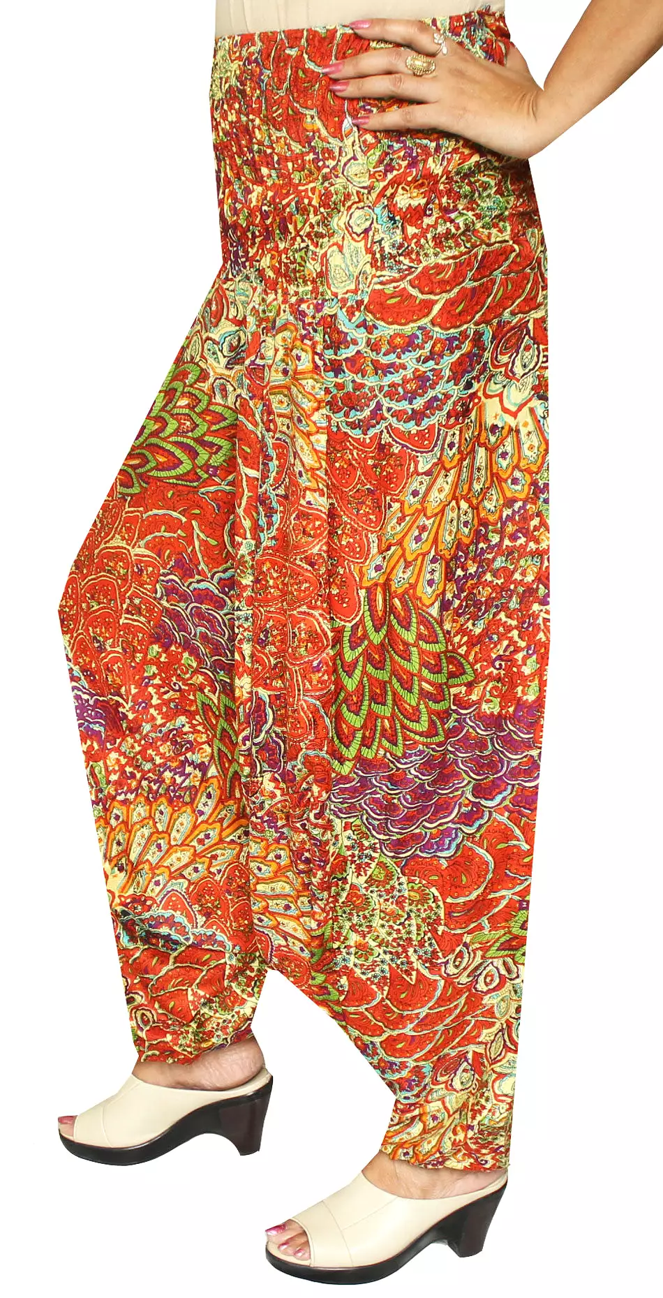 Rayon Womens Smocked Waist Harem Pants (Orange)