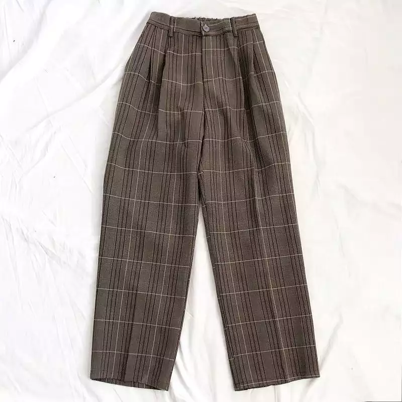 RETRO HIGH-WAIST PLAID CASUAL PANTS BY22807