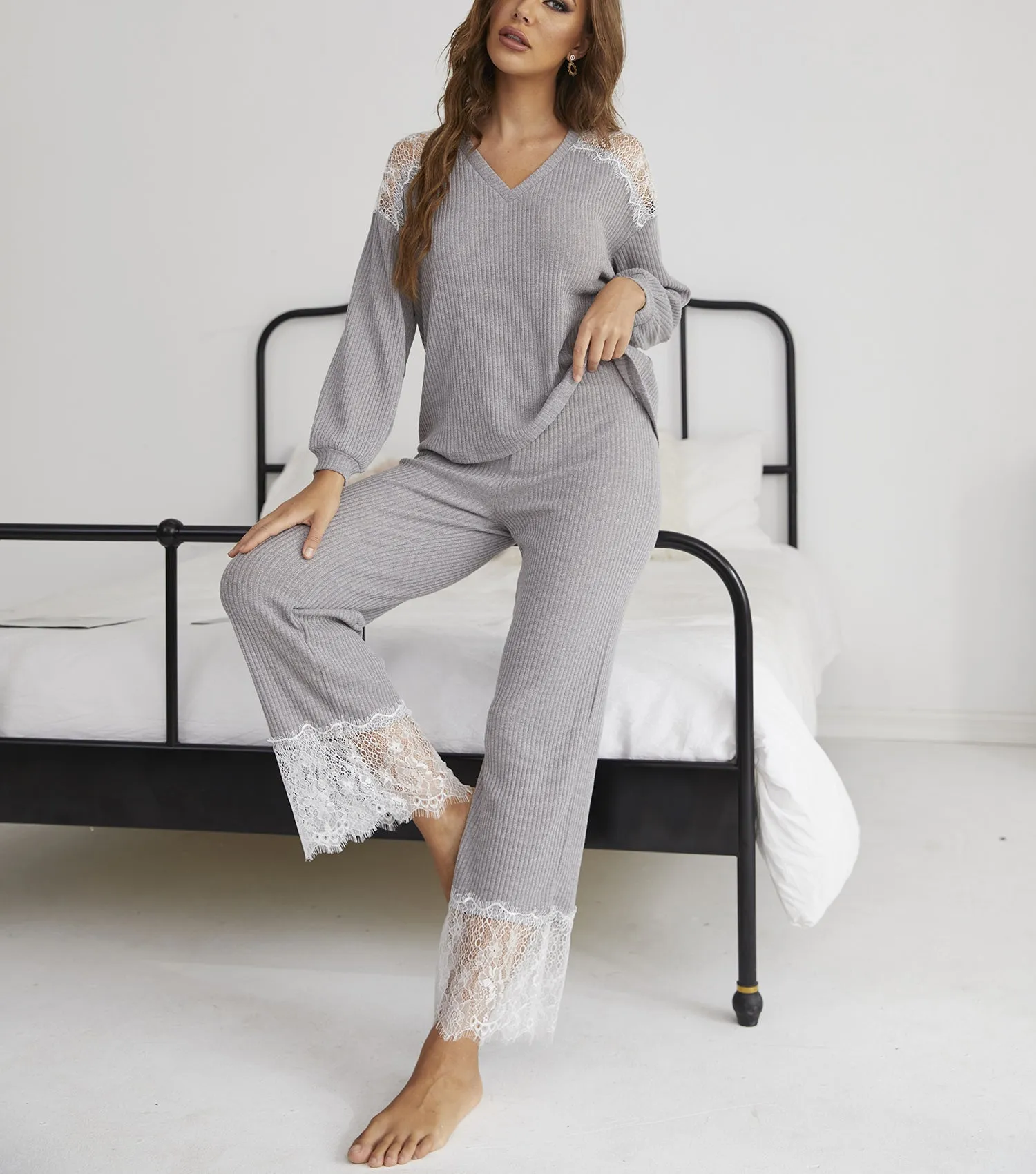 RH Women’s Pajama Set Long Sleeve Knitted Lace Top Pants Pyjama Night RHW2927-B