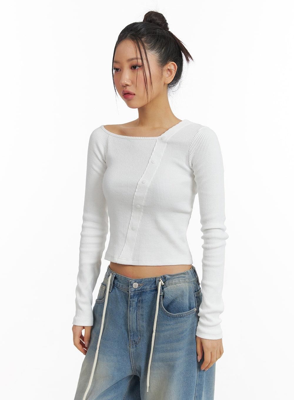 Ribbed Button Long Sleeve Top CJ429