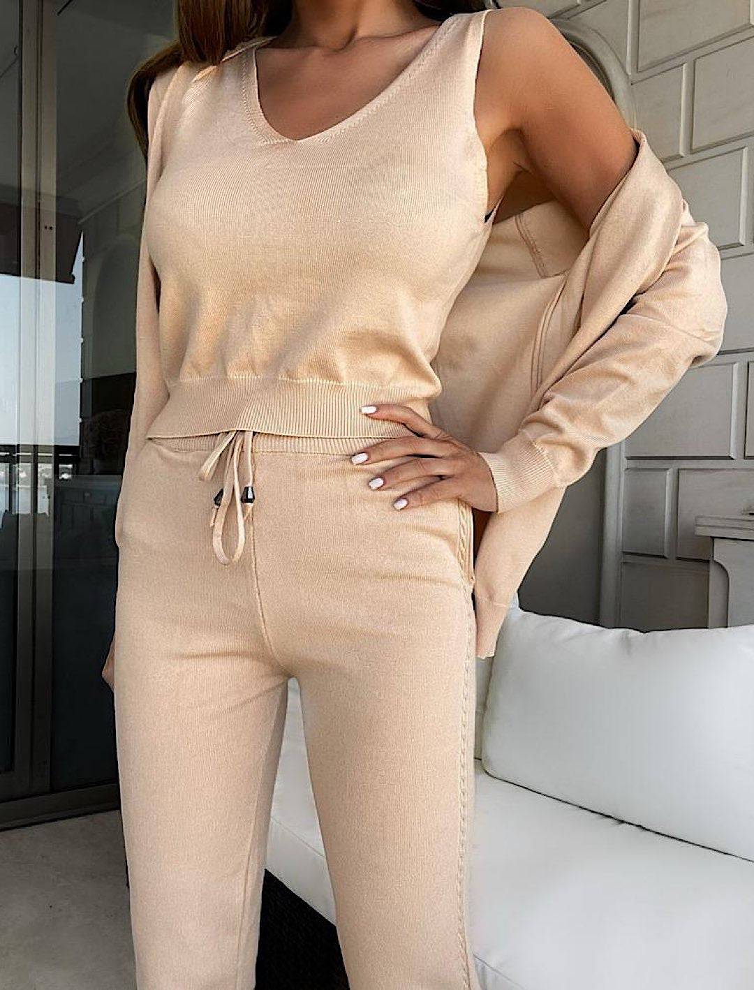 Ribbed Knit Pastel Camisole Cardigan Pants Three Piece Set