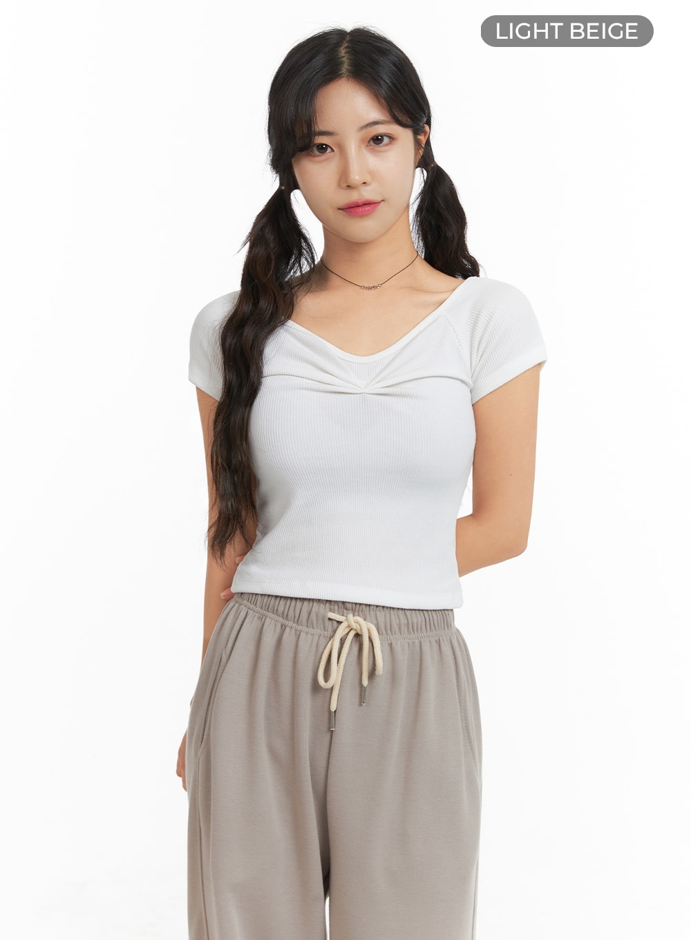 Ribbed Shirred Short Sleeve Top OM427