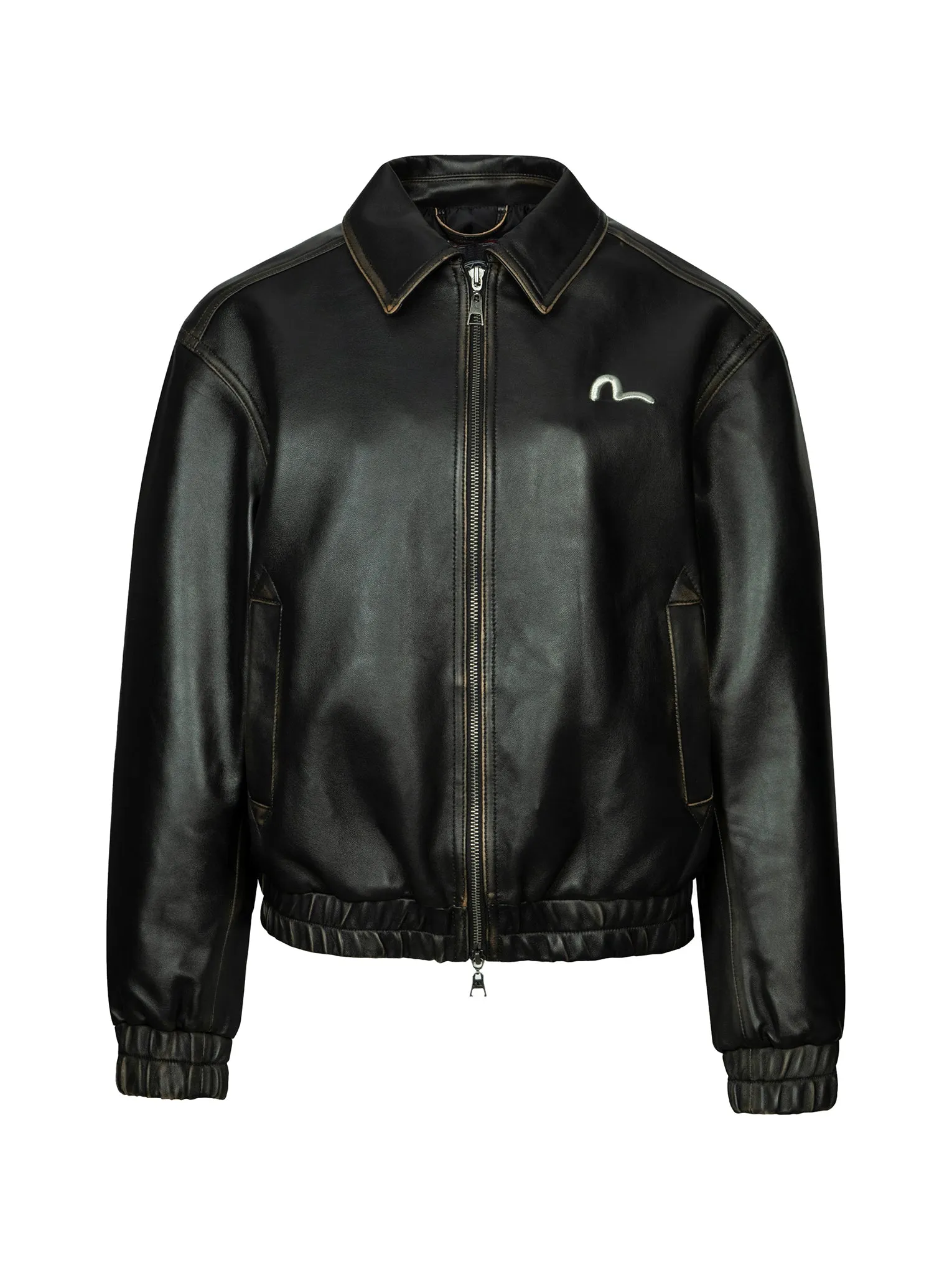 Seagull Embroidery and Logo Appliqué Fashion Fit Leather Jacket