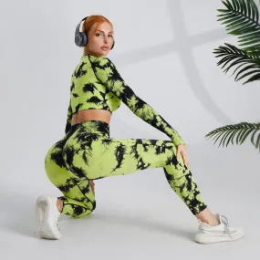 Seamless tie-dye fitness Yoga sports long sleeve high waist peach hip lift pants set women 3 colors