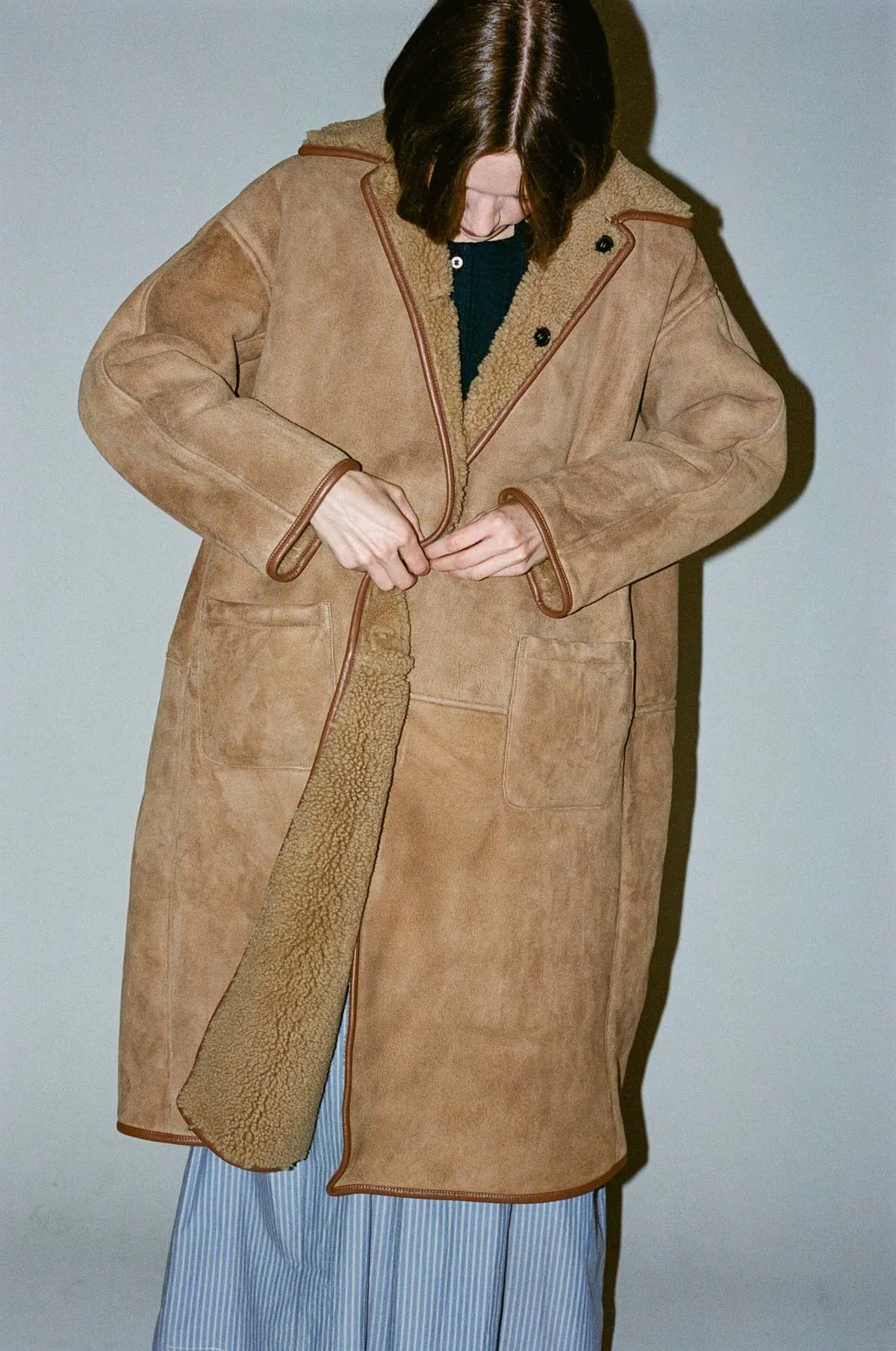 Sheepskin Suede Curly Roo Coat - Tan