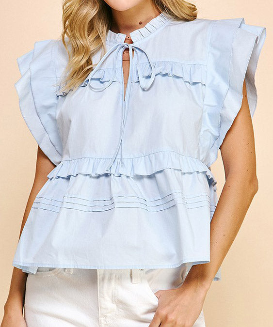 Short Sleeve Ruffle Top - Light Blue