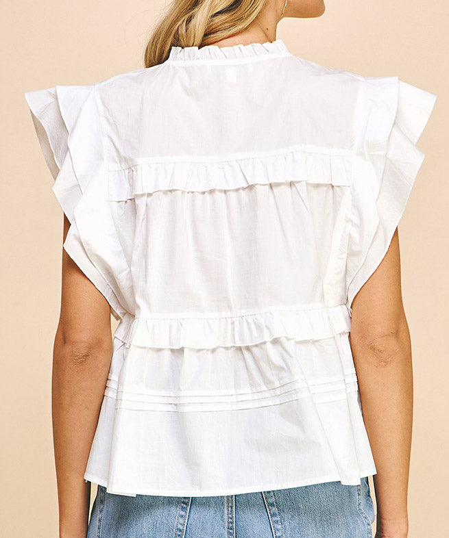 Short Sleeve Ruffle Top - White