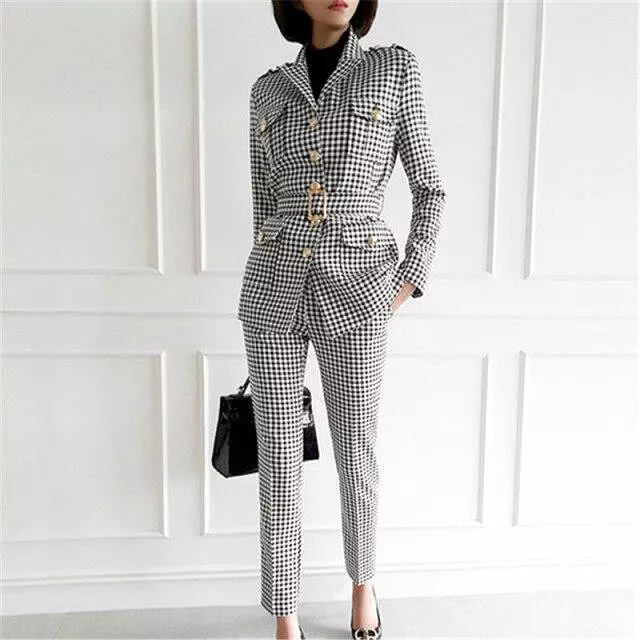 Slim Fit Plaid Women Pantsuit