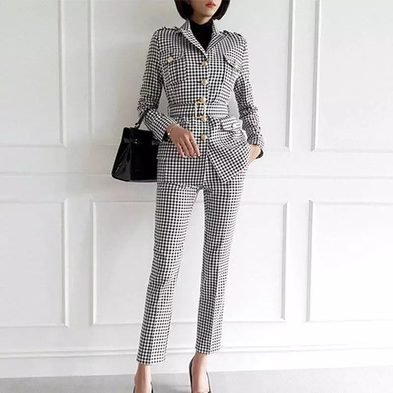 Slim Fit Plaid Women Pantsuit