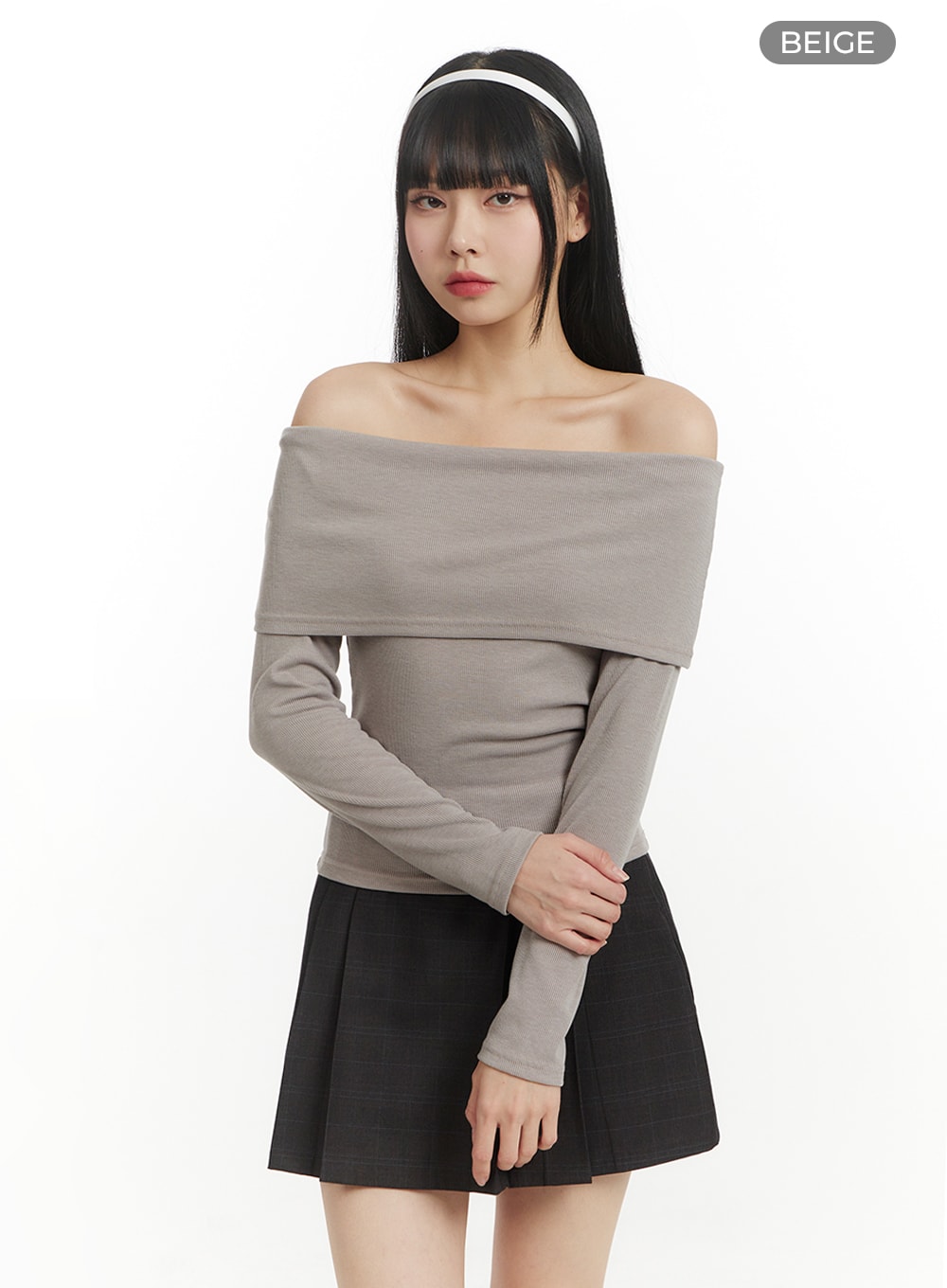 Solid Cotton Off Shoulder Long Sleeve Top IM406