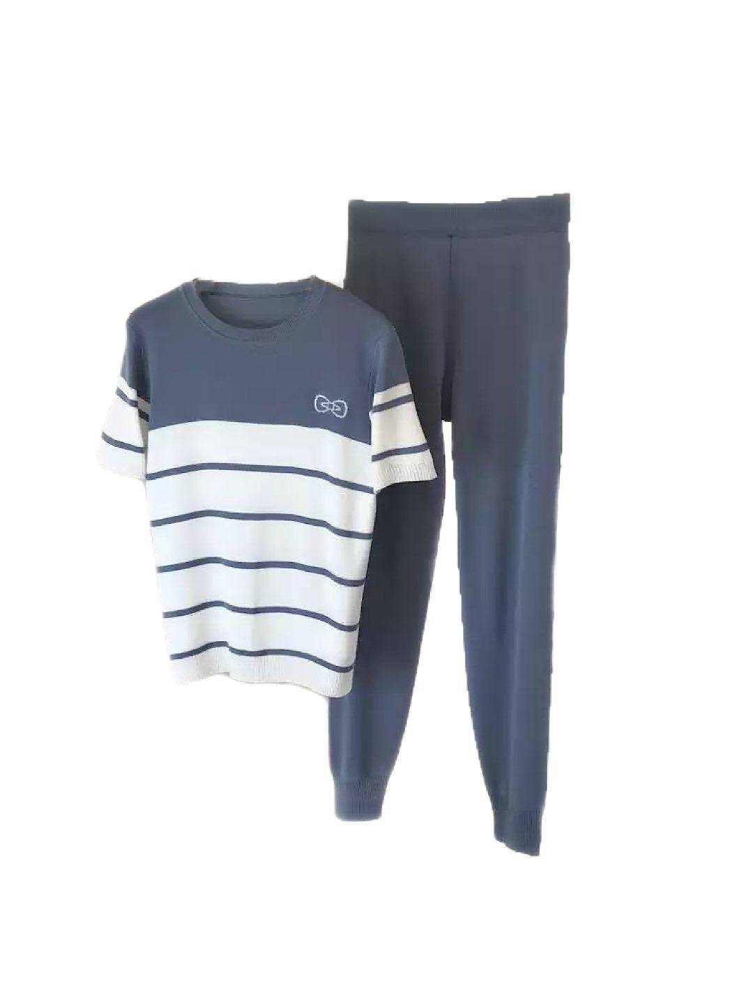 Striped Short Sleeve Top Pants Knit Set