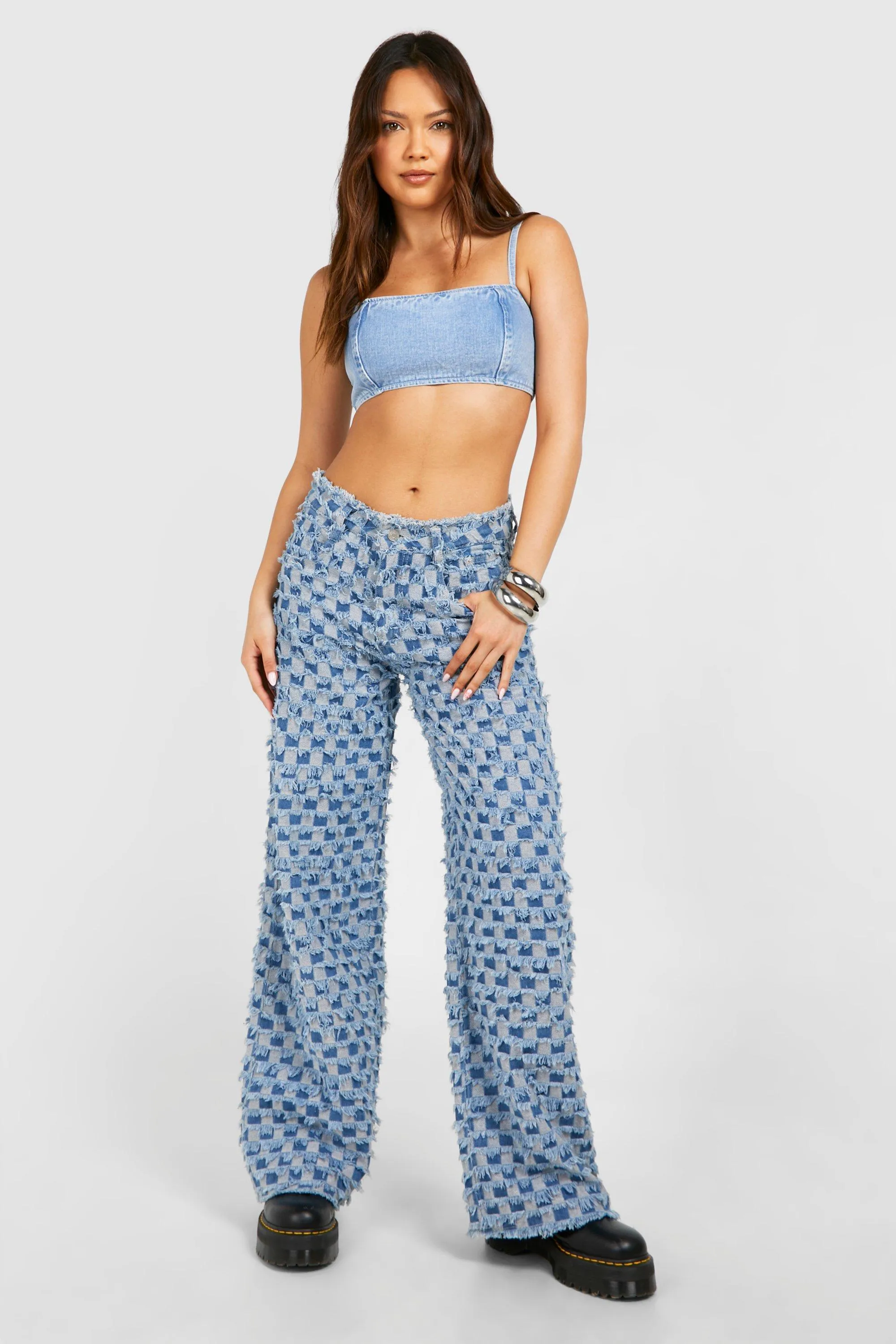 Textured Checkerboard Wide Leg Jeans